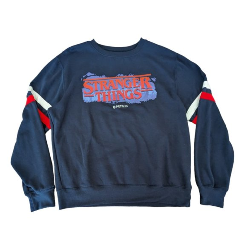 Netflix Stranger Things Logo Women's Striped Long Sleeve Navy Blue Sweatshirt